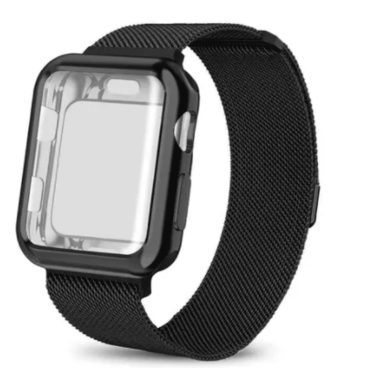 Mesh Milanese Wrist Band Loop W/ Screen Protector Bumper Case For Apple Watch Black Band & Black Case Watch Band and Cover Combo Apple Watch Band Elements Watches