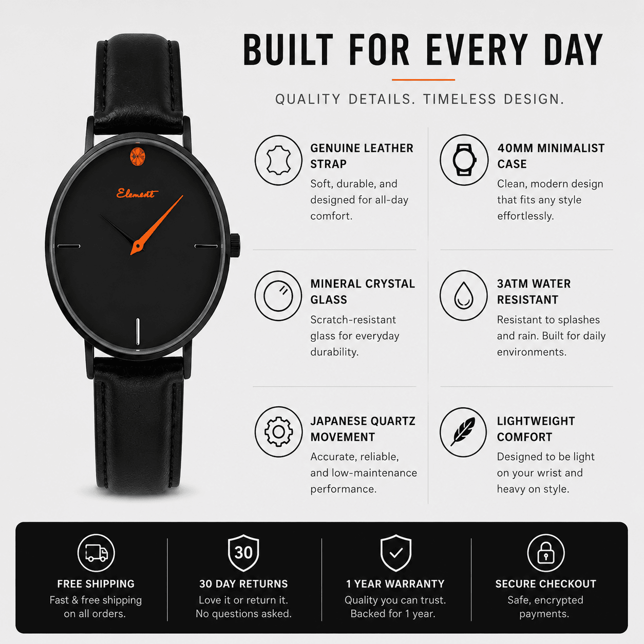BEST FRIEND 40 NOIR | Men’s Black Leather Watch 40mm Watch Elements Watches