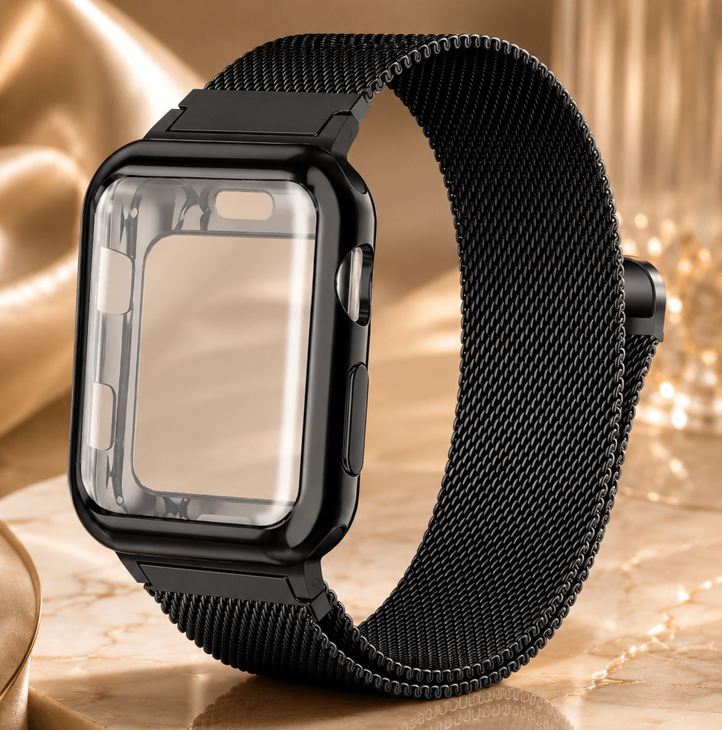 Black Milanese Mesh Apple Watch Band with Protective Case Bundle Apple Watch Band Elements Watches