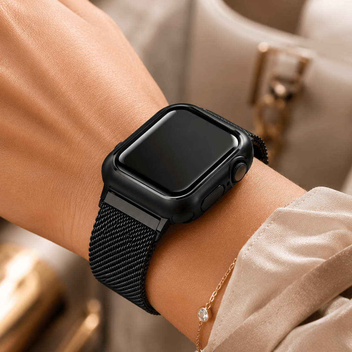 Black Milanese Mesh Apple Watch Band with Protective Case Bundle Apple Watch Band Elements Watches