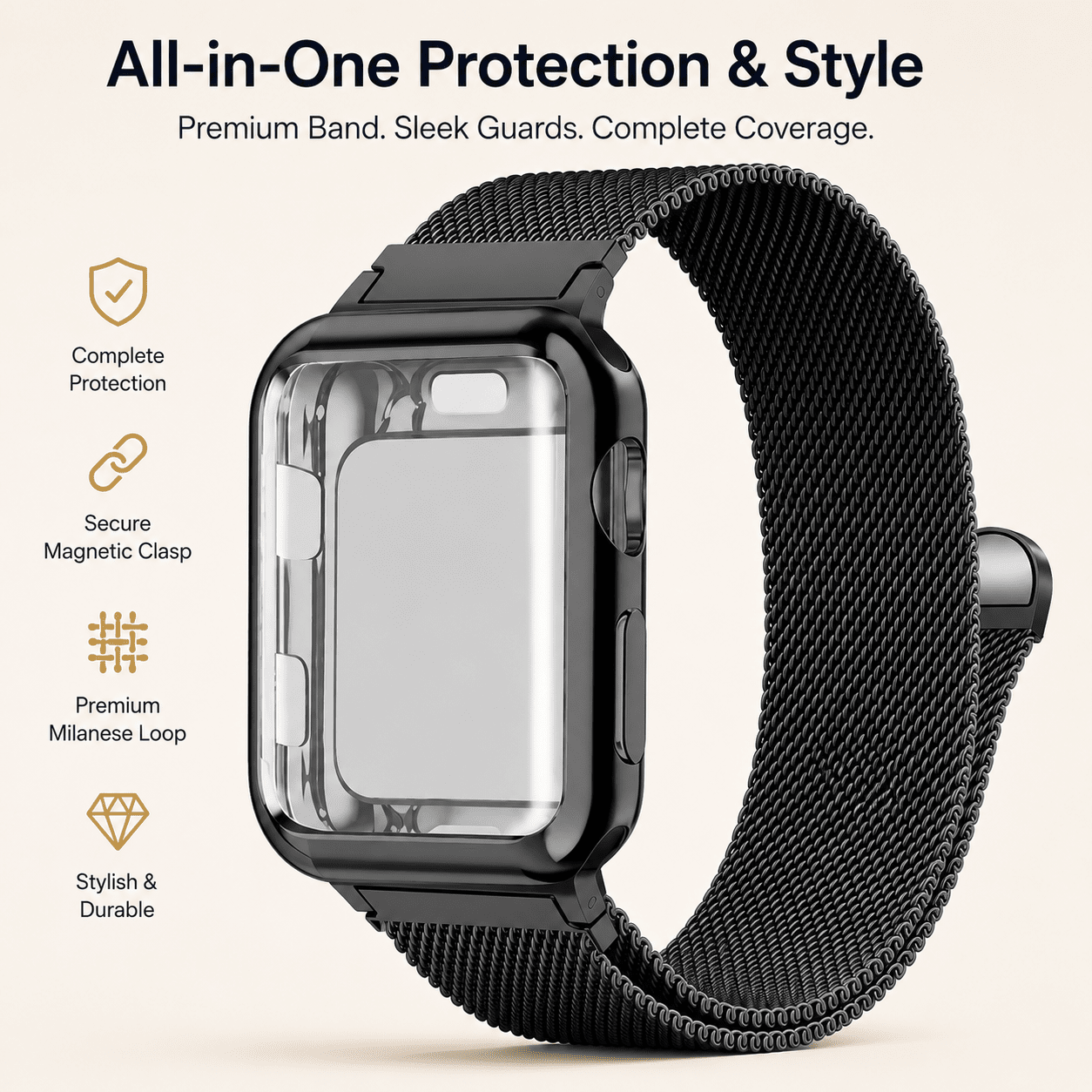 Black Milanese Mesh Apple Watch Band with Protective Case Bundle Apple Watch Band Elements Watches