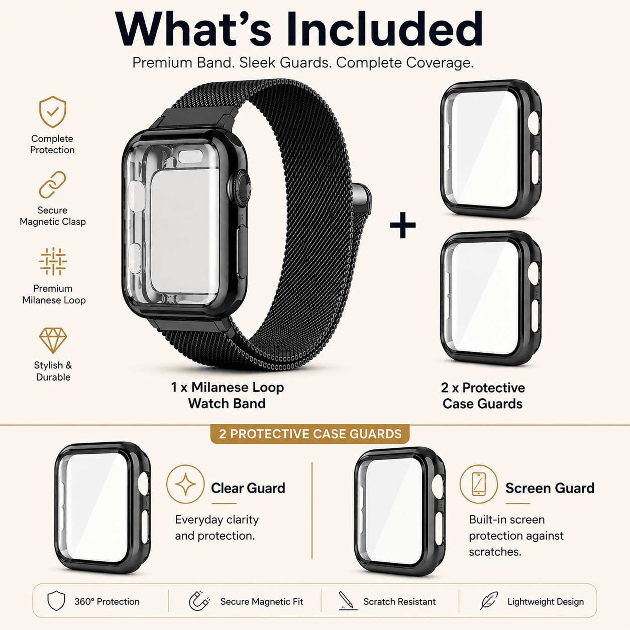 Black Milanese Mesh Apple Watch Band with Protective Case Bundle Apple Watch Band Elements Watches