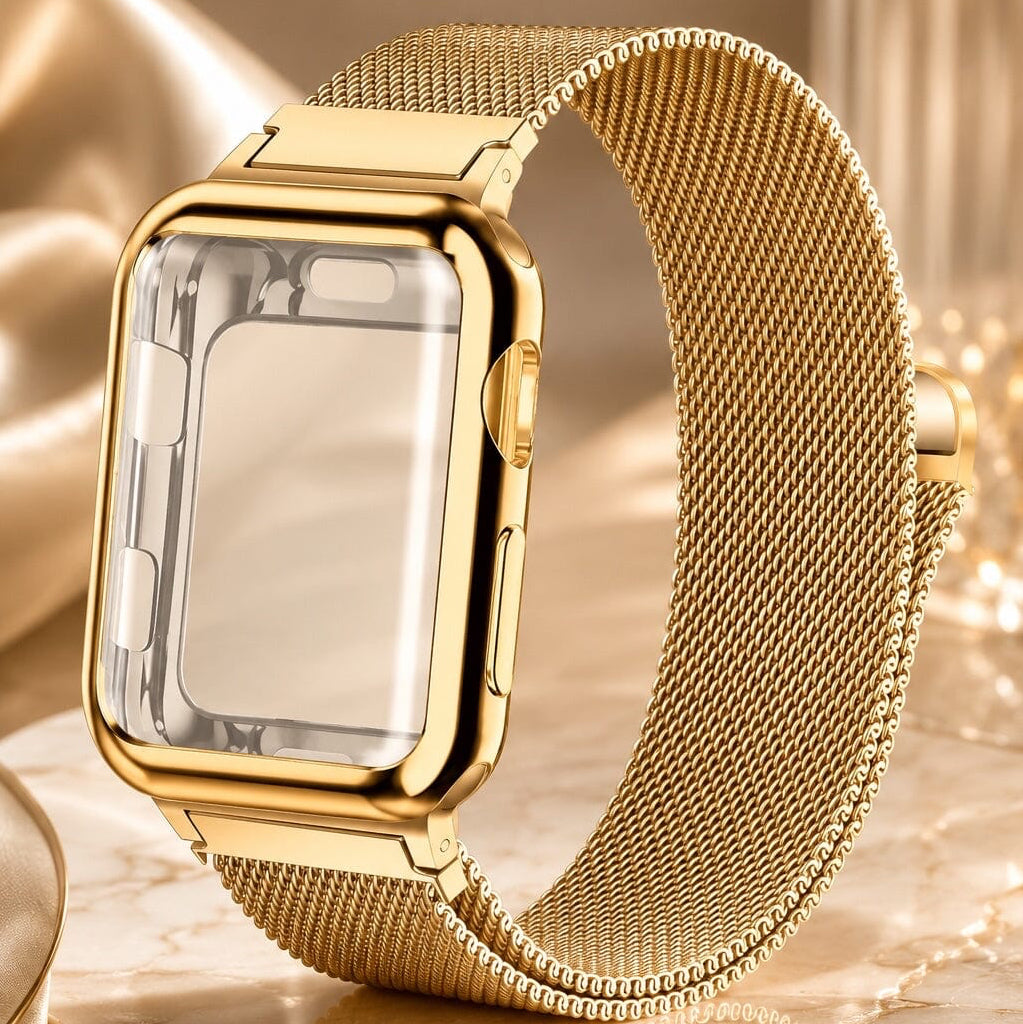 Gold Milanese Mesh Apple Watch Band with Protective Case Bundle Watch Bands Elements Watches