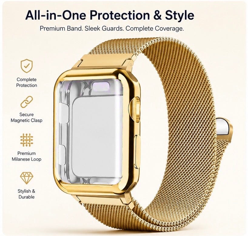 Gold Milanese Mesh Apple Watch Band with Protective Case Bundle Watch Bands Elements Watches