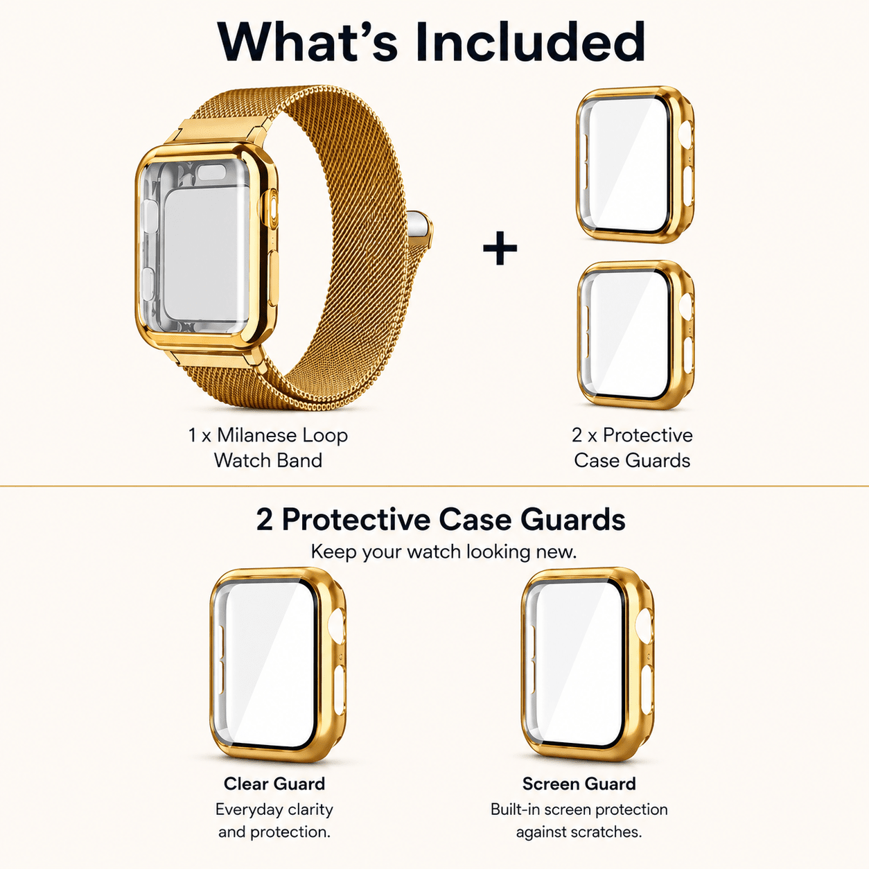 Gold Milanese Mesh Apple Watch Band with Protective Case Bundle Watch Bands Elements Watches