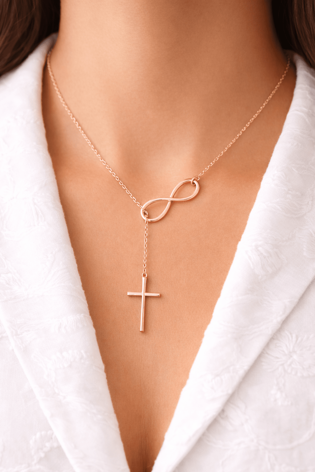 woman wearing rose gold infinity cross lariat necklace