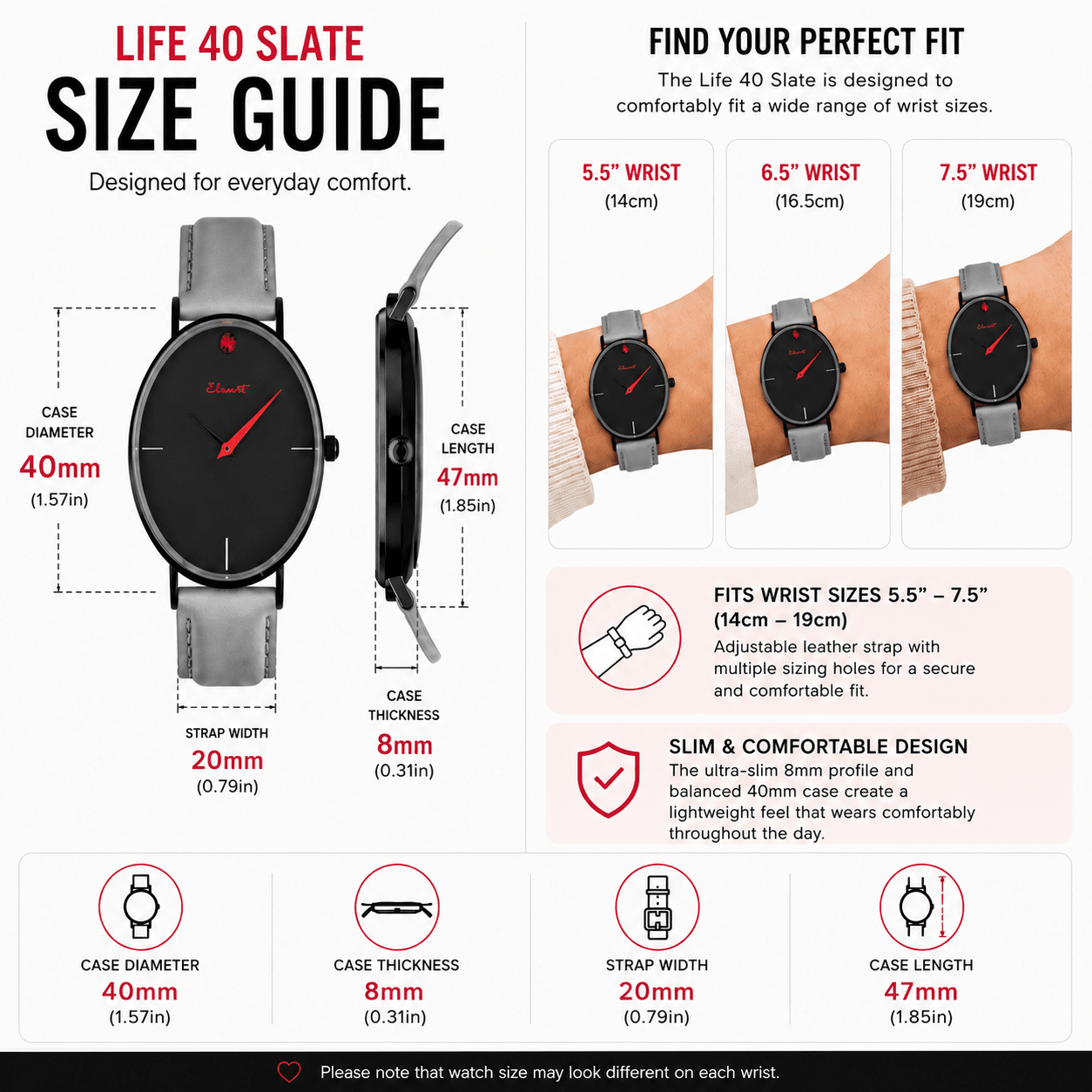 Life 40 Slate | Women’s Grey Leather Strap Watch 40mm | Watch Elements Watches
