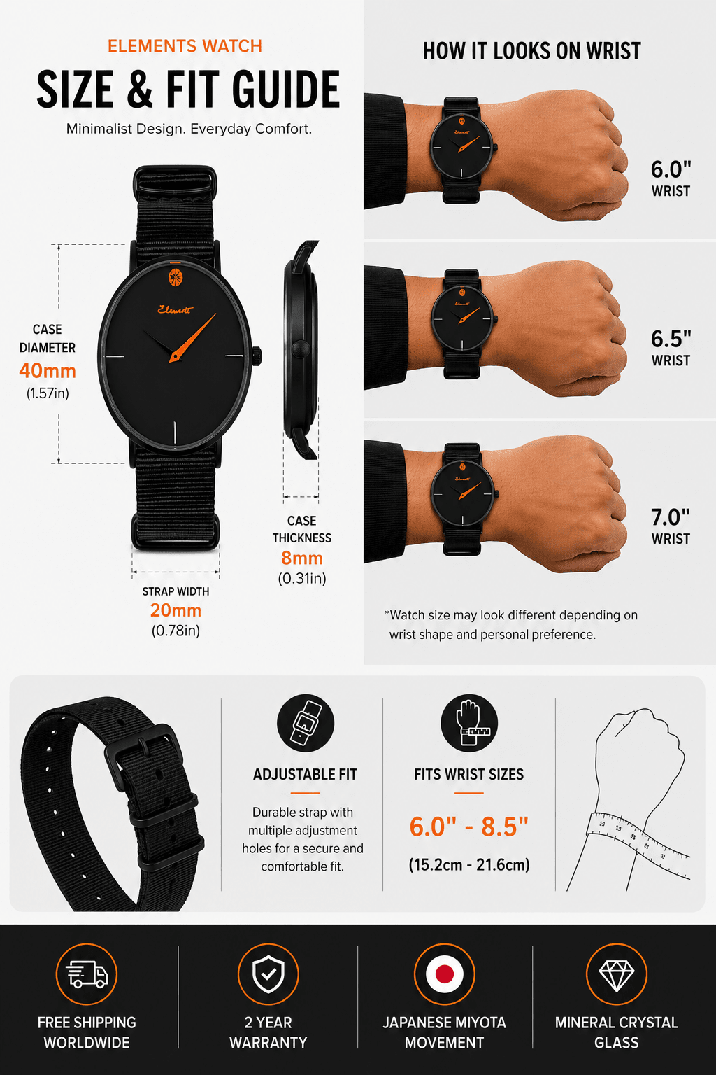 Mens Minimalist Strap Watch | BEST FRIEND 40 NERO Watch Elements Watches
