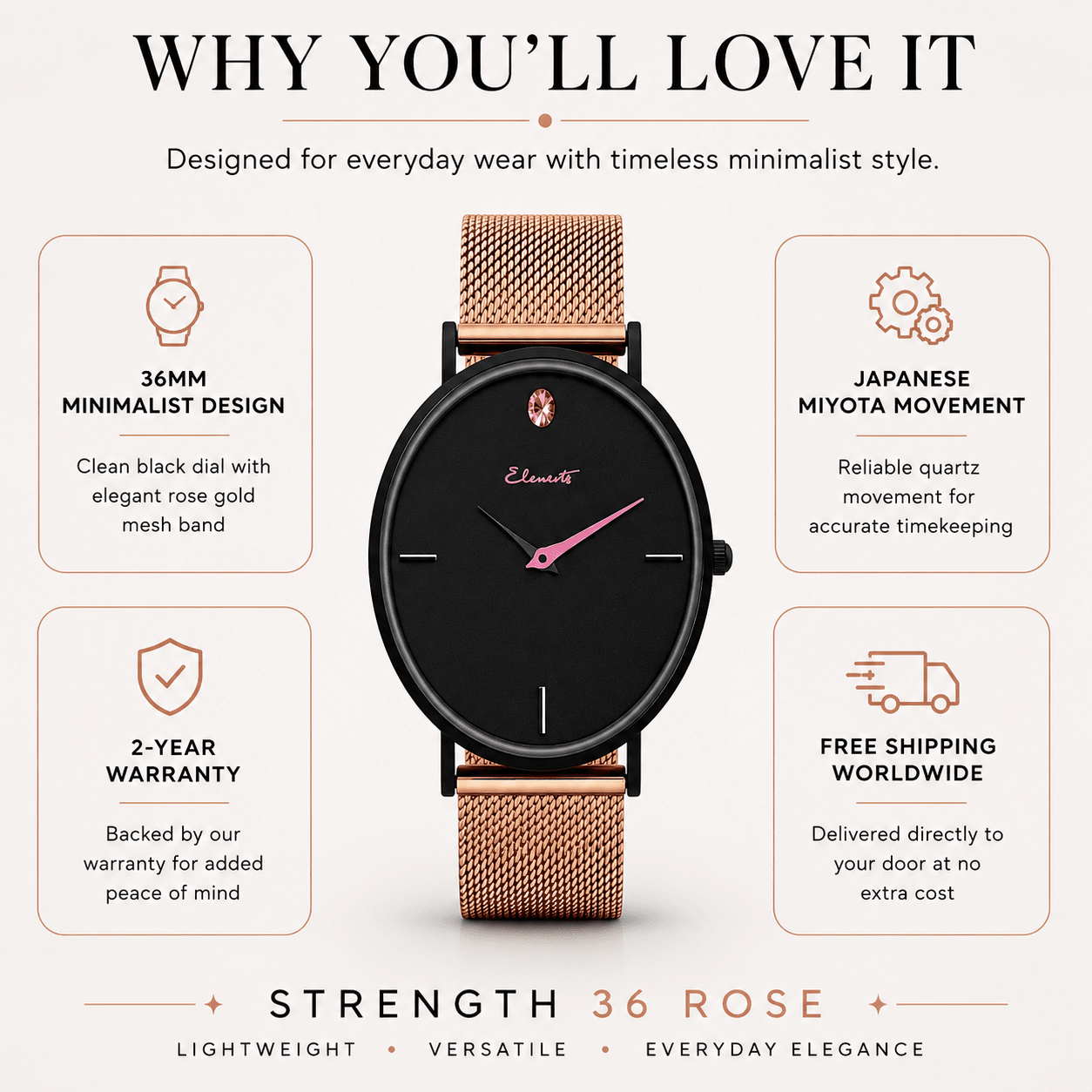 Rose Gold Mesh Women’s Watch 36mm | Strength 36 Rose Watch Elements Watches
