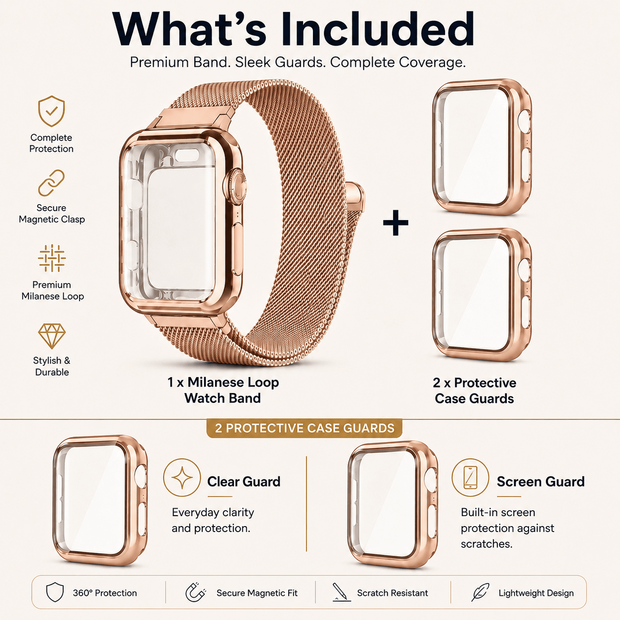 Rose Gold Milanese Mesh Apple Watch Band with Protective Case Bundle Watch Bands Elements Watches