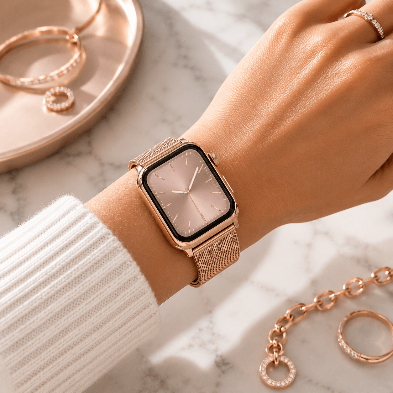 Rose Gold Milanese Mesh Apple Watch Band with Protective Case Bundle Watch Bands Elements Watches