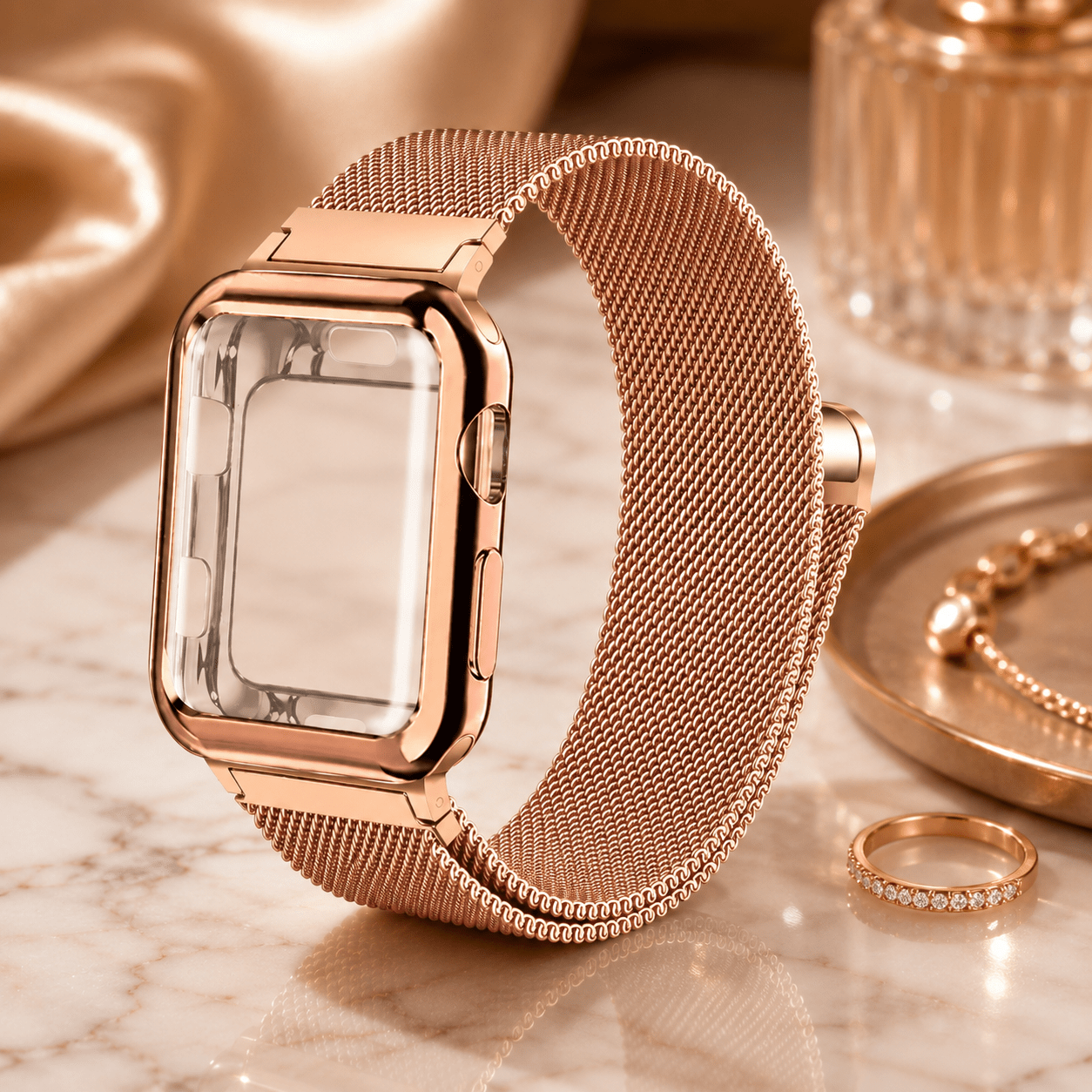 Rose Gold Milanese Mesh Apple Watch Band with Protective Case Bundle Watch Bands Elements Watches