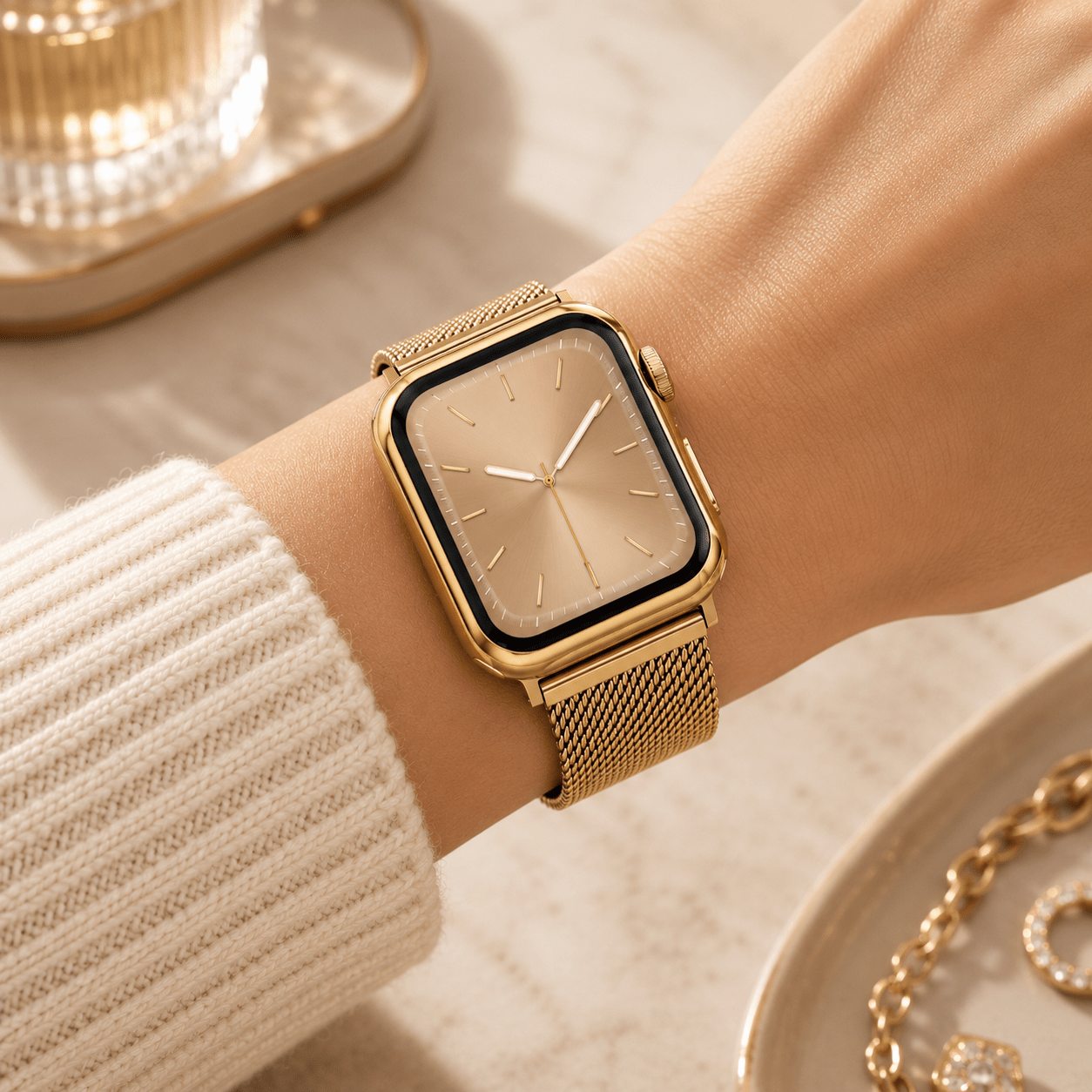 Yellow Gold Milanese Mesh Apple Watch Band with Protective Case Bundle Watch Bands Elements Watches