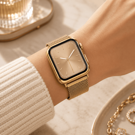 Yellow Gold Milanese Mesh Apple Watch Band with Protective Case Bundle Watch Bands Elements Watches