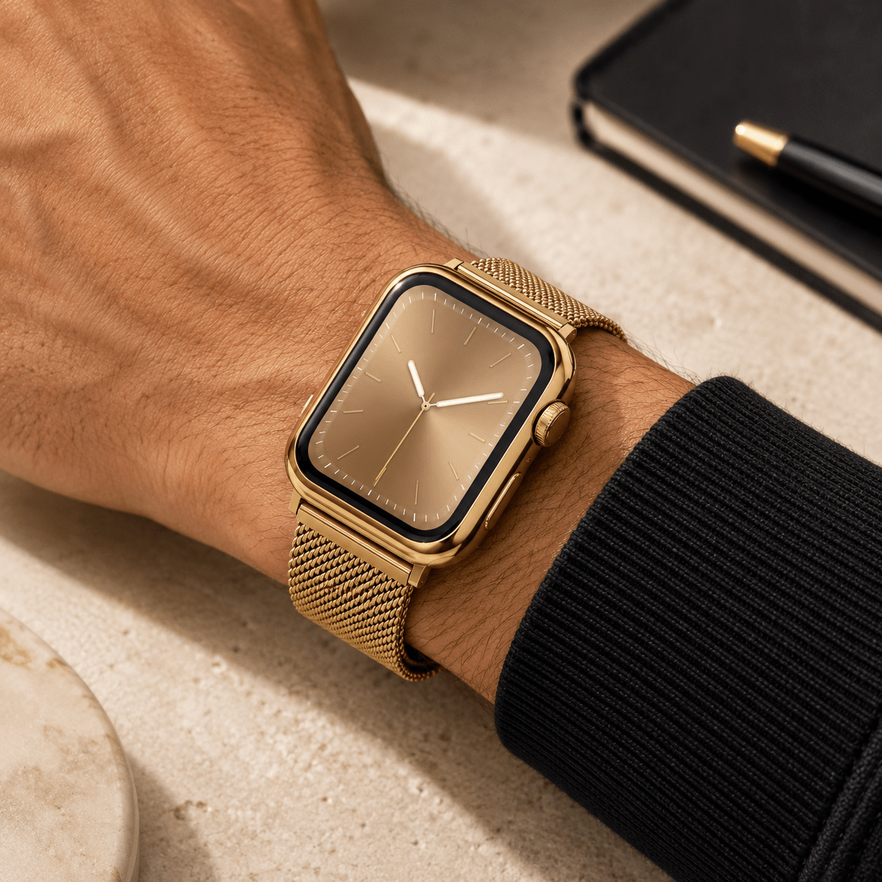 Yellow Gold Milanese Mesh Apple Watch Band with Protective Case Bundle Watch Bands Elements Watches