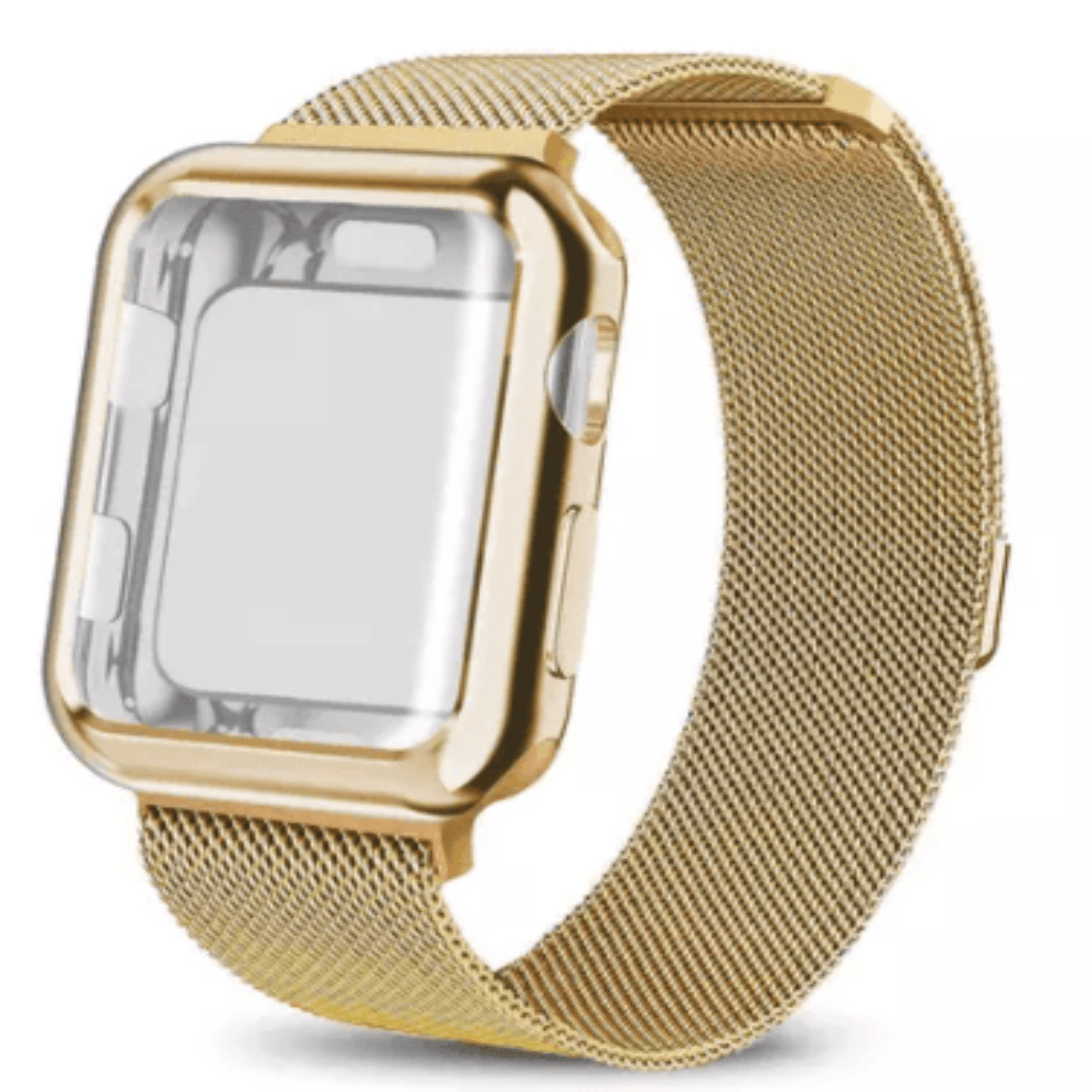 Mesh Milanese Wrist Band Loop W/ Screen Protector Bumper Case For Apple Watch Gold Band & Gold Case Watch Band and Cover Combo Watch Bands Elements Watches