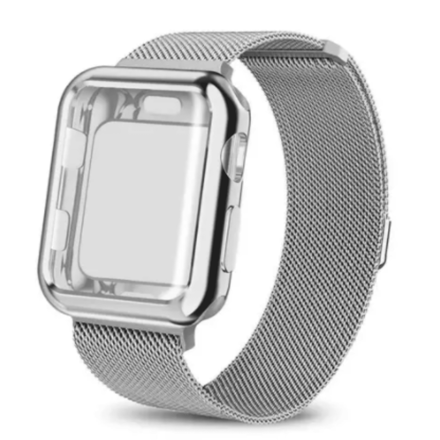 Mesh Milanese Wrist Band Loop W/ Screen Protector Bumper Case For Apple Watch Silver Band & Silver Case Watch Band and Cover Combo Watch Bands Elements Watches